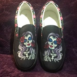 Women’s Black slip on sugar skull shoes